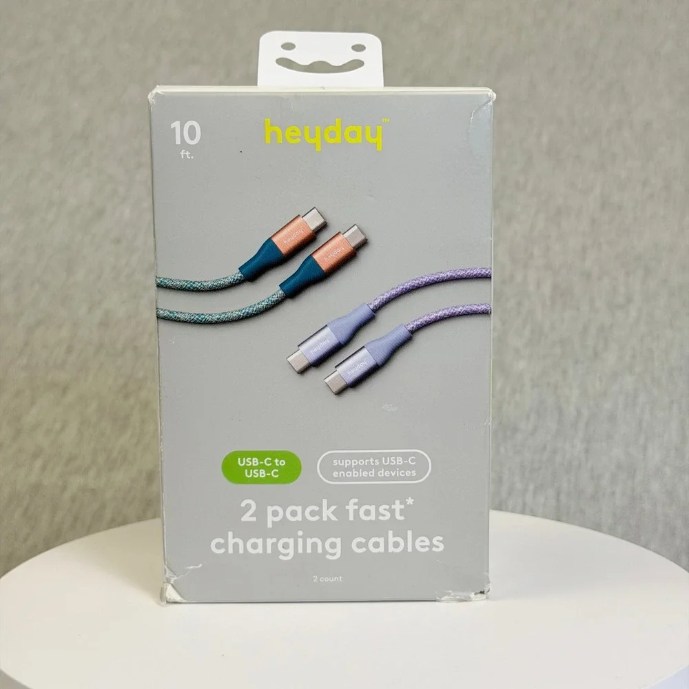 heyday 10ft USB-C to USB-C Fast Charging Cable 2-Pack Teal Purple Braided PD